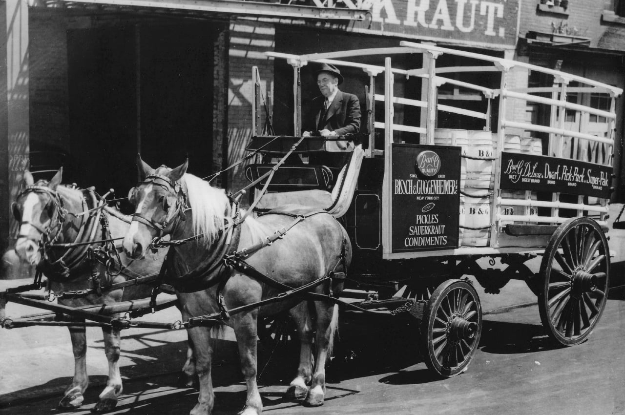 A man in a Bloch & Guggenheimer horse-drawn carriage.